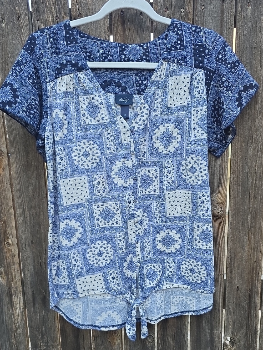 Daytrip Blue‎ and White Patchwork Tie-Front Short Sleeve Blouse